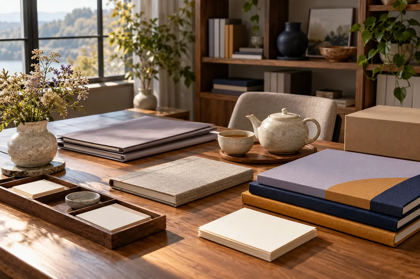 AI-generated documentation desk with closed folders and notebooks, blank cards, a plain carton, ceramic tea set and wooden tray.